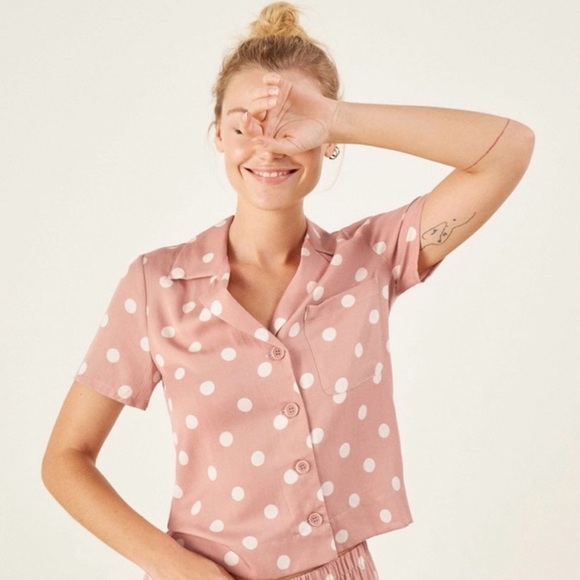 Reformation Blouse Pink Polka Dot Button Down - size Large - Picture 1 of 1